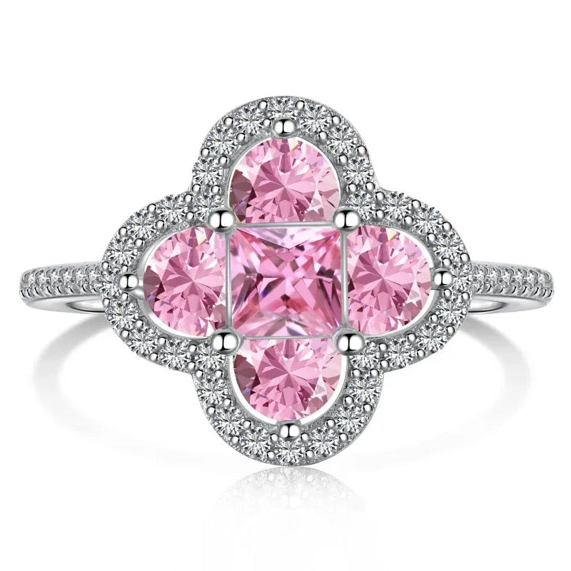 Leuchtender Kleeblatt-Ring aus Kristallen in Silber und Rosa