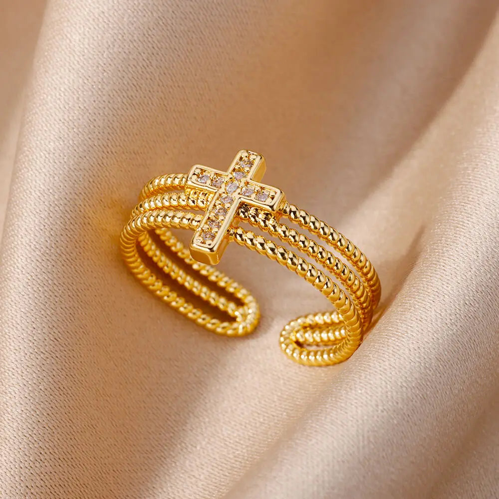 Dreifach-Kreuz-Ring Christlich Damen Gold