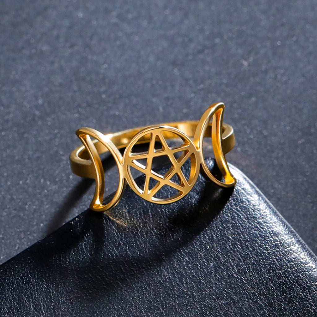 Feiner Dreifachmond-Ring Hexerei Frau Wicca Gold B