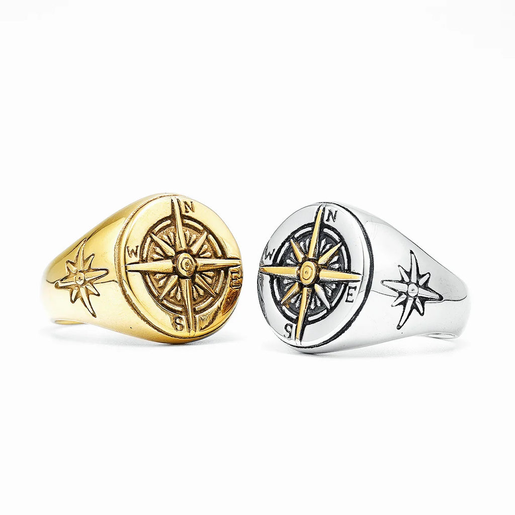 Vintage Kompass Rosenring für Herren silber und gold