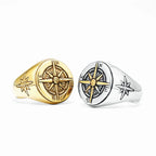 Vintage Kompass Rosenring für Herren silber und gold