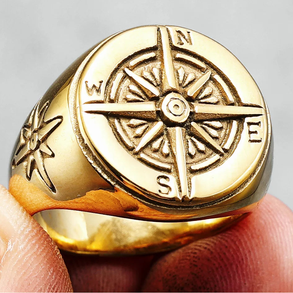 Vintage Kompass Rosenring für Herren gold