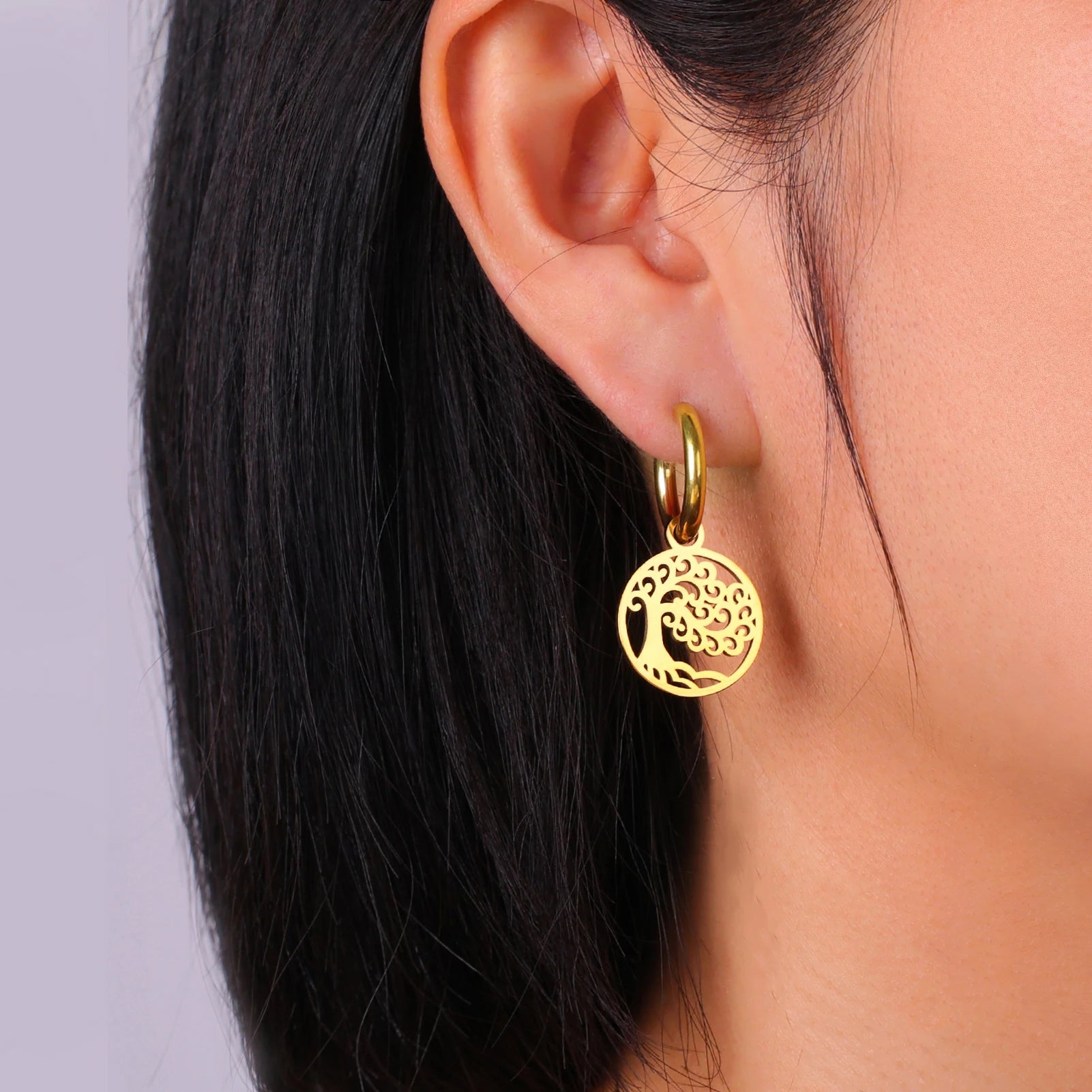 Hängende Creolen Ohrringe Lebensbaum Gold