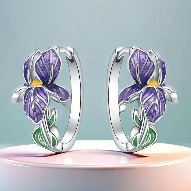 Creolen-Ohrringe mit violetter Irisblüte