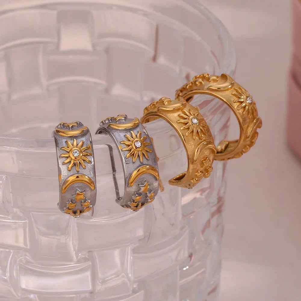 Retro Sonnen Creolen Ohrringe Silber