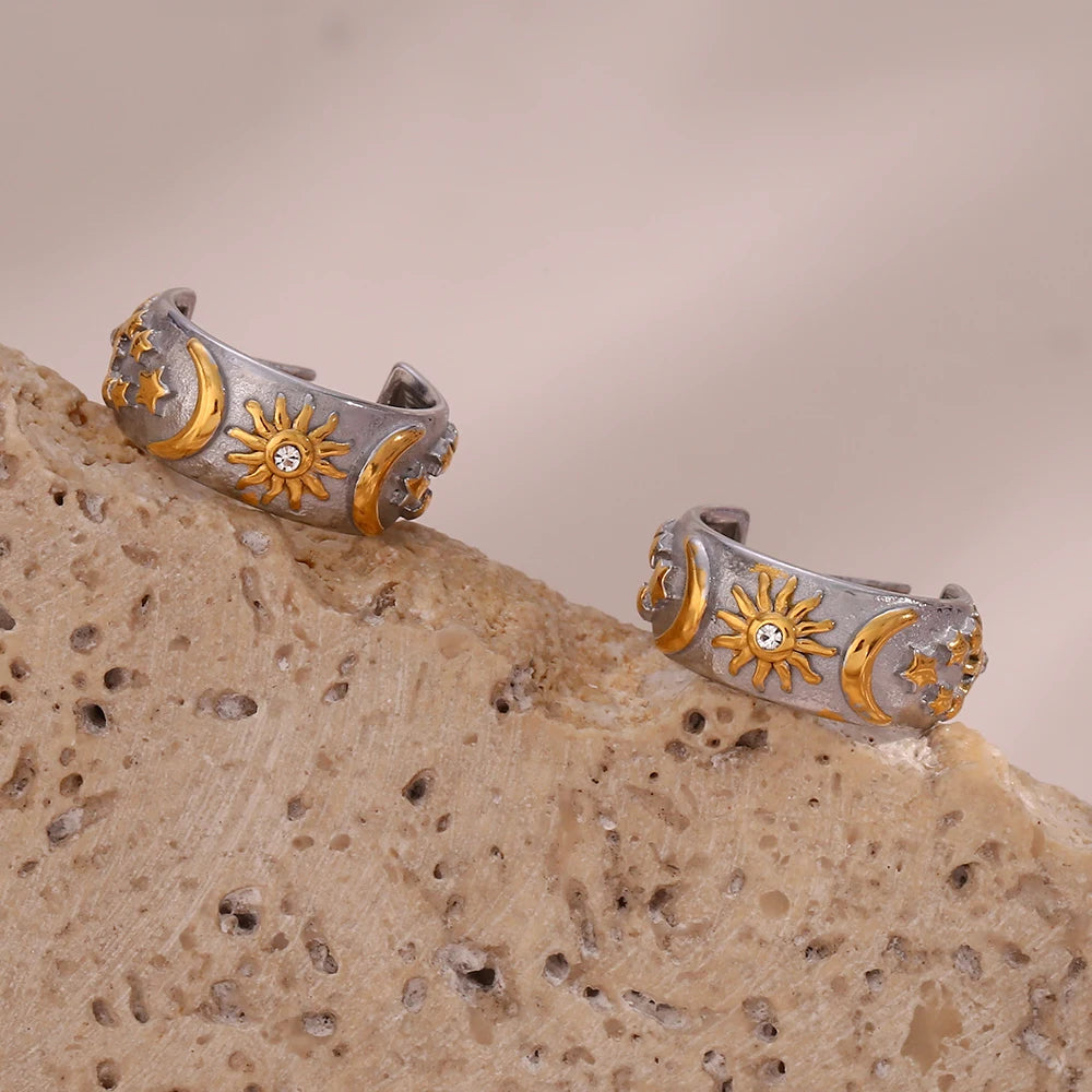 Retro Sonnen Creolen Ohrringe Silber