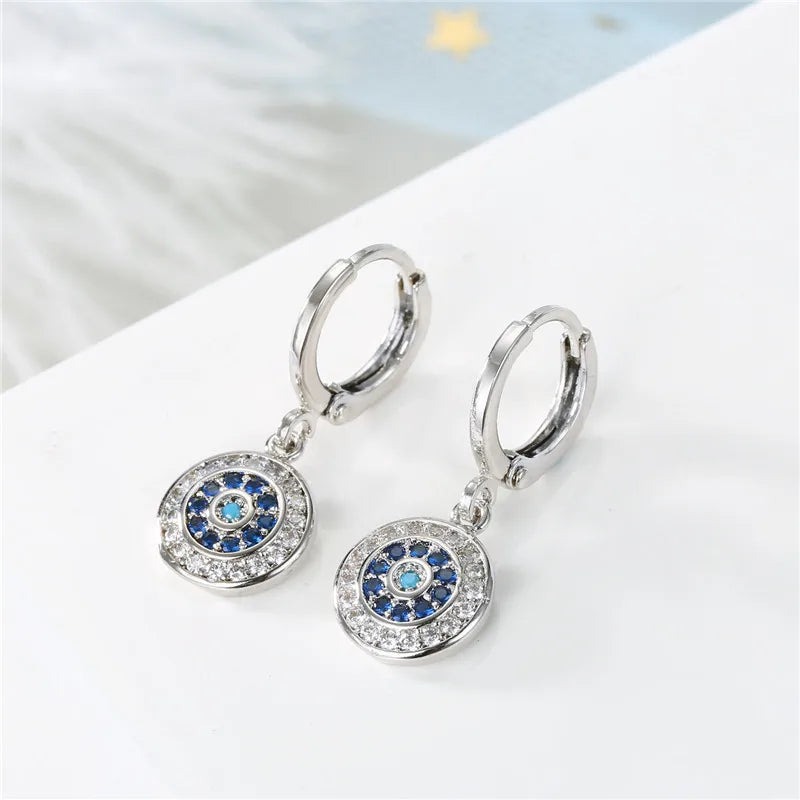 Blaue Strass-Runde Ohrringe mit Bösem Blick Silber