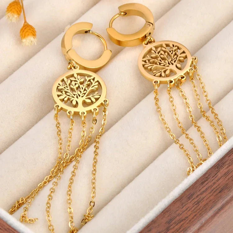 Hängende Ohrringe mit Lebensbaum in Gold