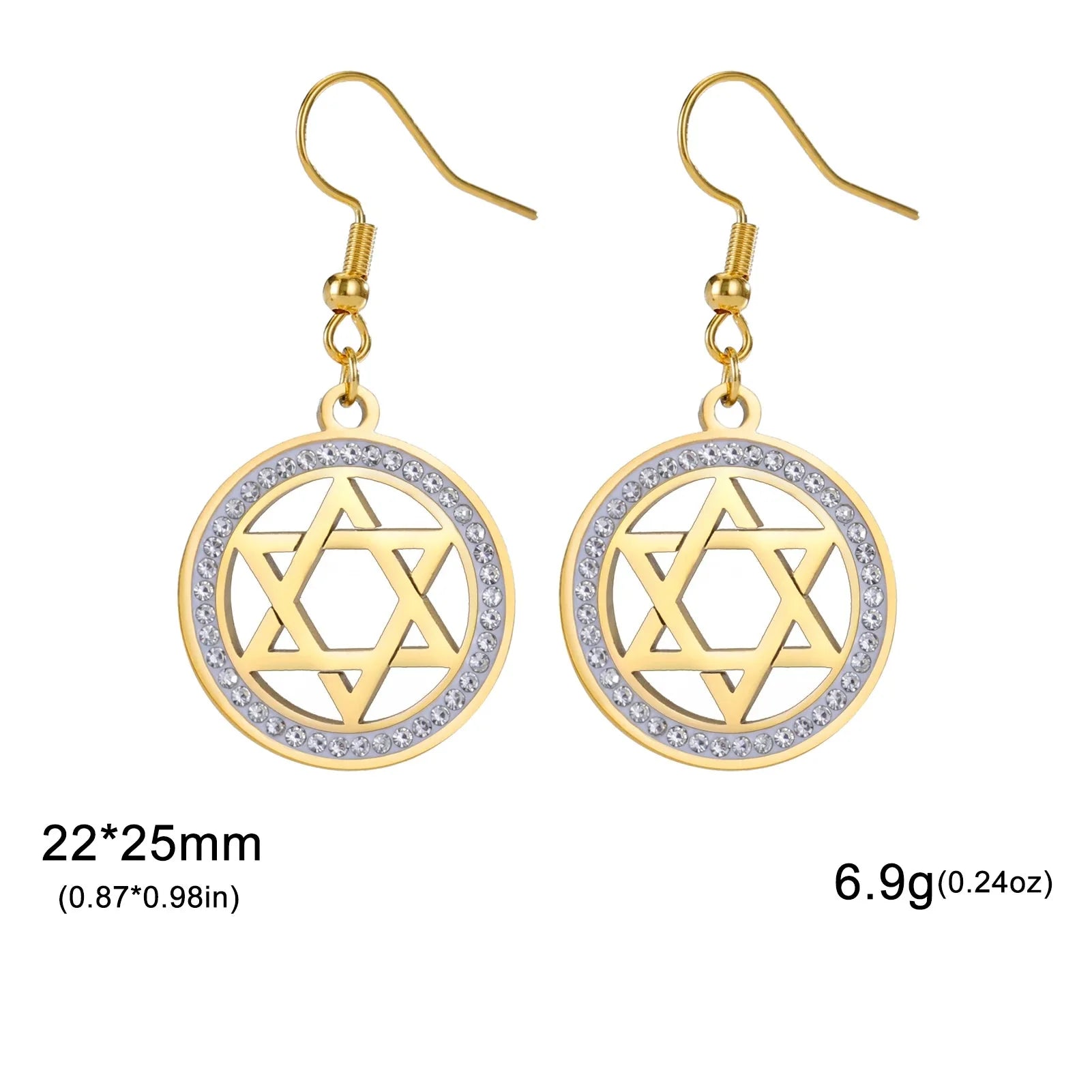 Hängende Ohrringe mit dem <span data-glossary-id="star_of_david">Davidstern</span> und symbolischen jüdischen Strass in Gold