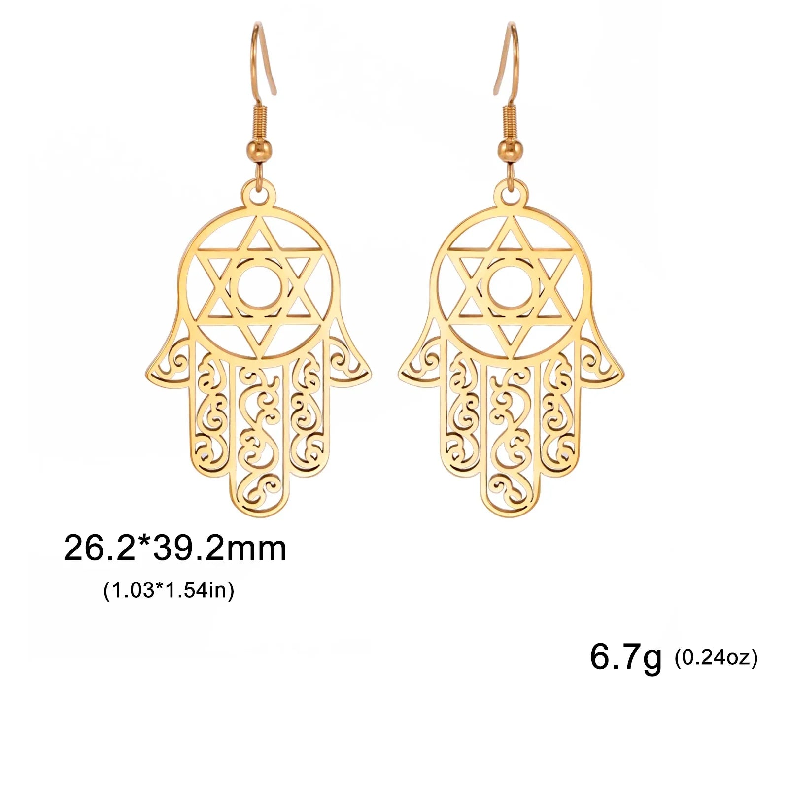 Hängende Ohrringe mit dem jüdischen Schutzsymbol Fatmas Hand und Davidstern 