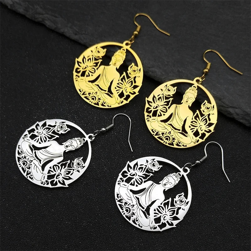 Hängende Ohrringe Buddha und Lotusblume gold