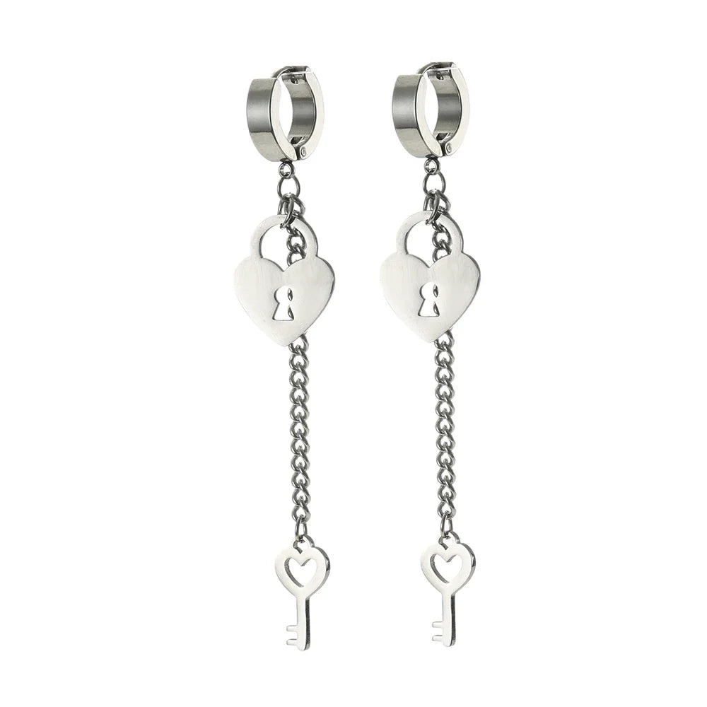 Hängende Ohrringe Schlüssel und Vorhängeschloss Silber