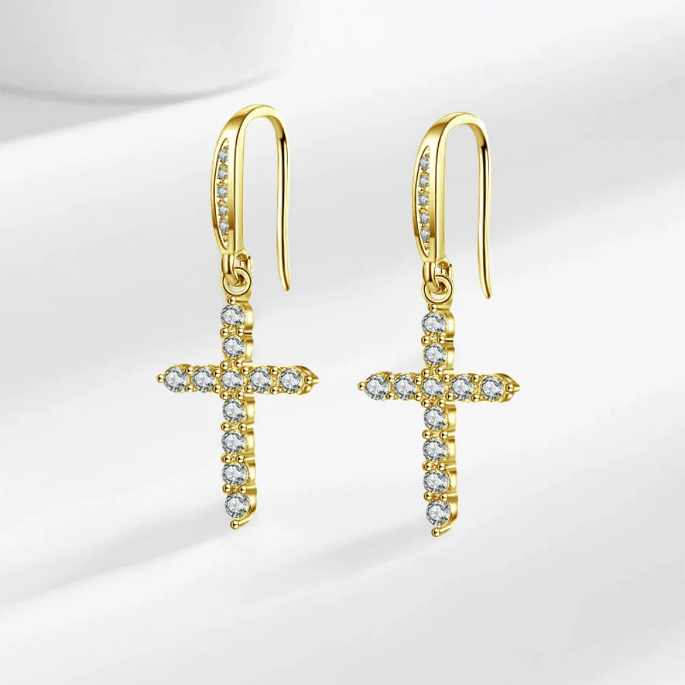 Hängende Ohrringe Kreuz aus Zirkon Gold