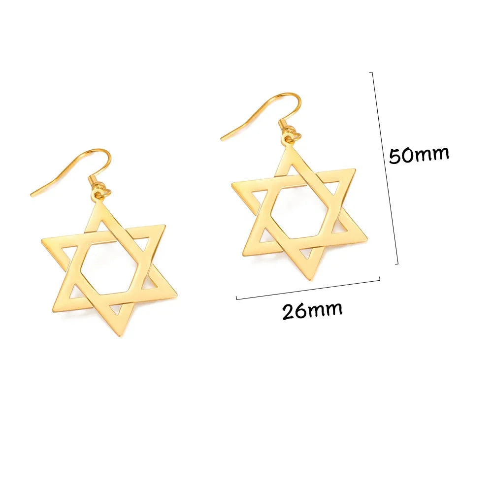 Sechseckige hängende Ohrringe mit dem jüdischen Symbol des <span data-glossary-id="star_of_david">Davidsterns</span> in Gold
