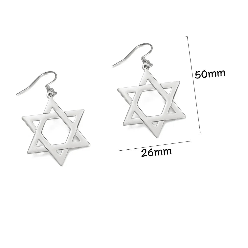Sechseckige hängende Ohrringe mit dem jüdischen Symbol des <span data-glossary-id="star_of_david">Davidsterns</span> in Silber