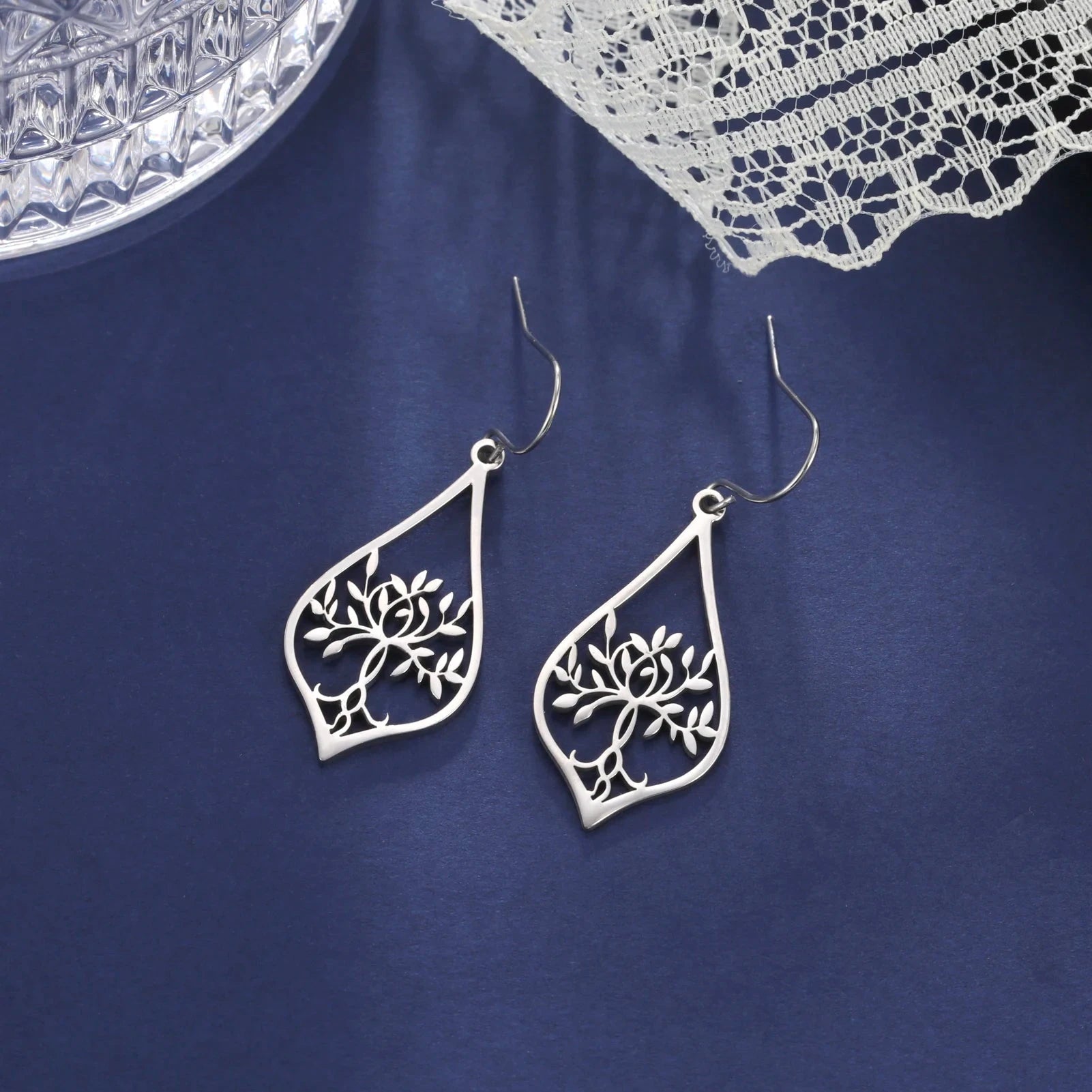 Ovale Hängende Ohrringe Lebensbaum Silber