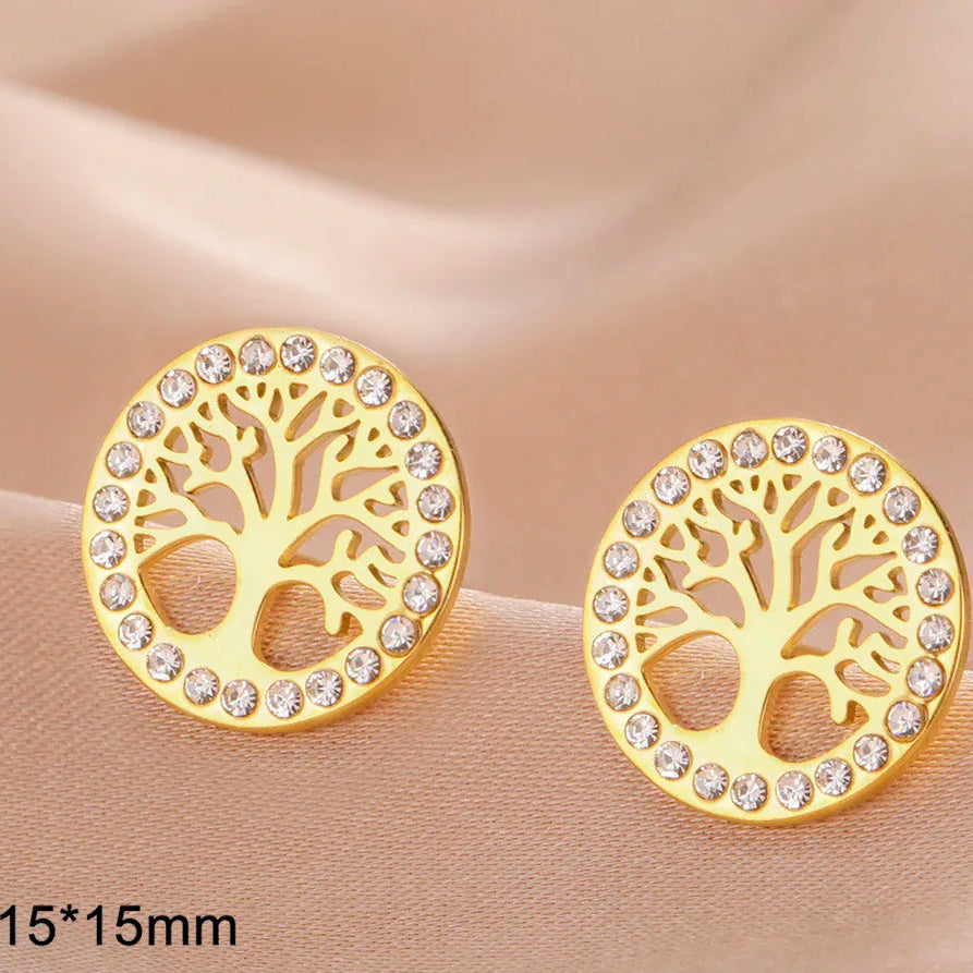 Runde Ohrringe Lebensbaum mit Strass verziert Gold