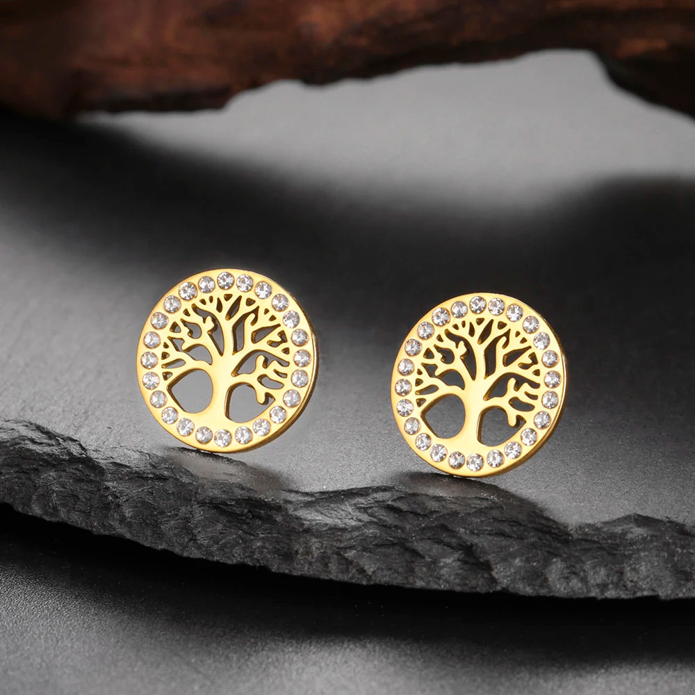 Runde Ohrringe Lebensbaum mit Strass verziert Gold