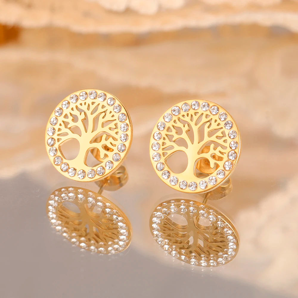 Runde Ohrringe Lebensbaum mit Strass verziert Gold
