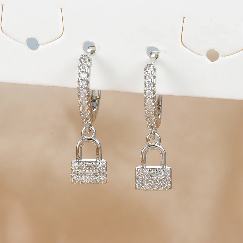 Creolen-Ohrringe mit Schlüssel und Schloss mit Strass, Silber