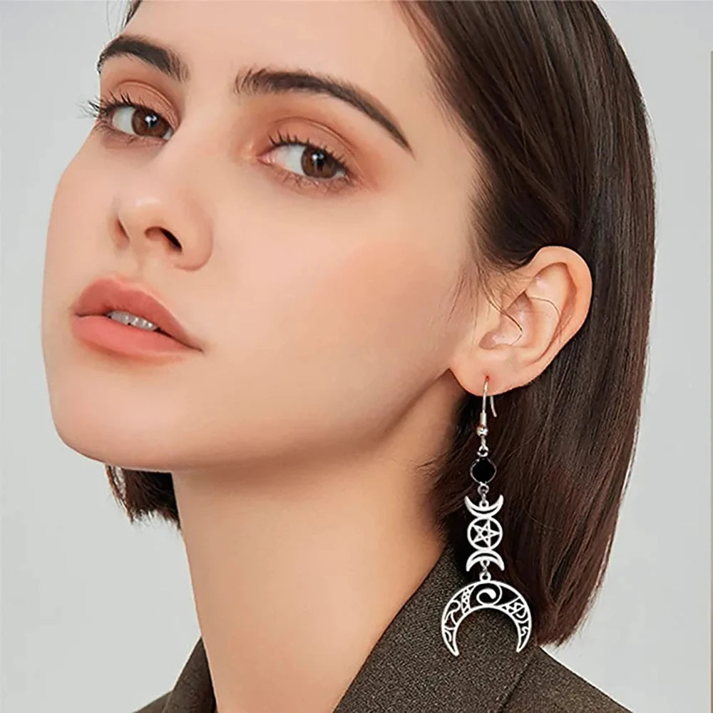 Ohrringe mit hängendem Dreifach-Mond, Hexerei, Wicca, Frau