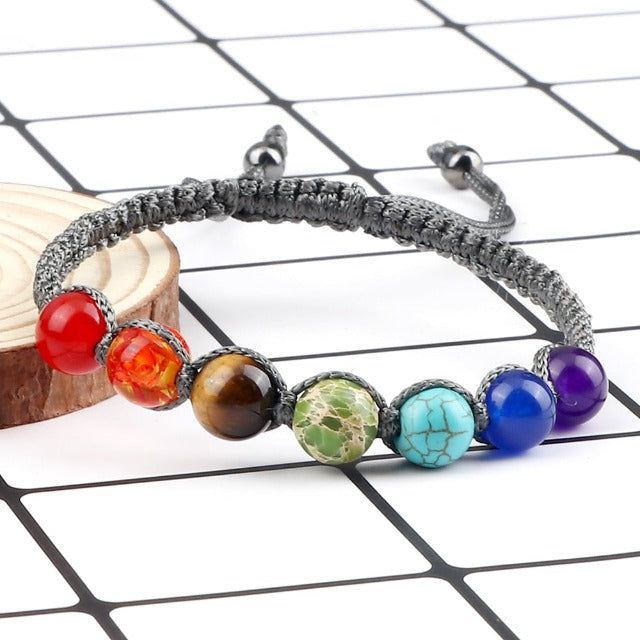 7 Chakren Geflochtenes Gourmet-Armband Herren Damen Echte Steine grau