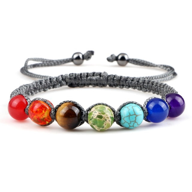 7 Chakren Geflochtenes Gourmet-Armband Herren Damen Echte Steine grau