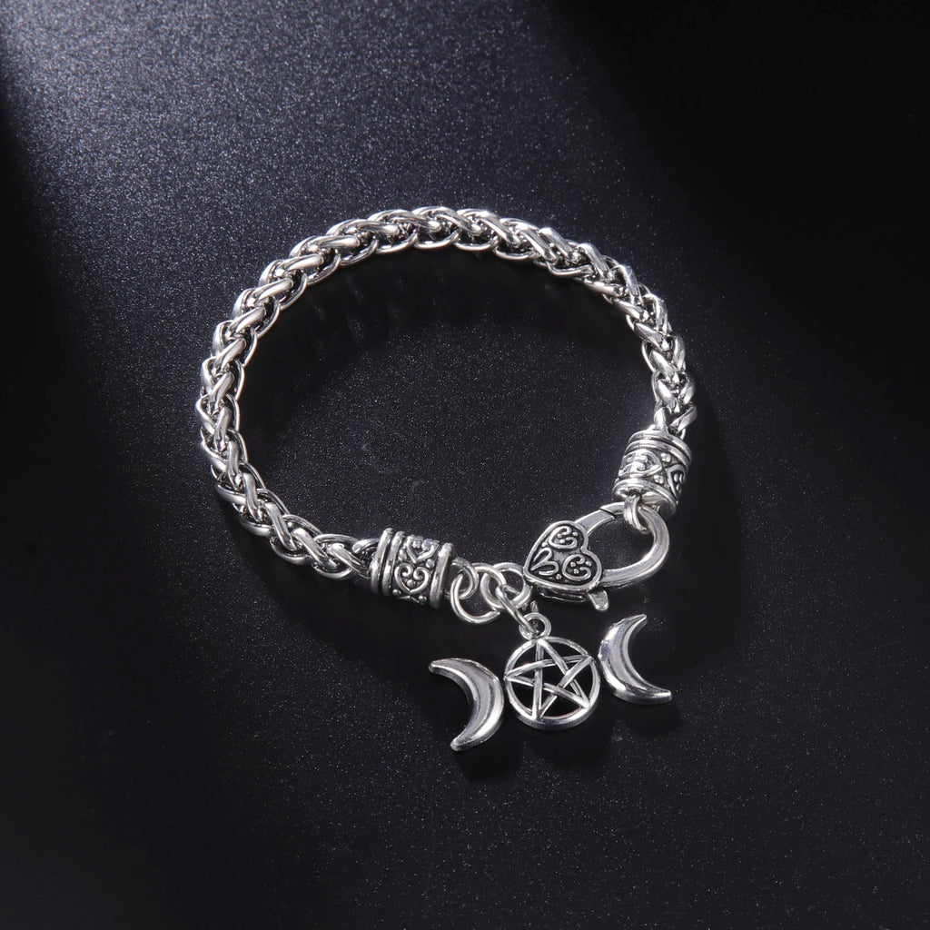 Armband Stahl Dreifacher Mond Hexerei Wicca Panzerkette