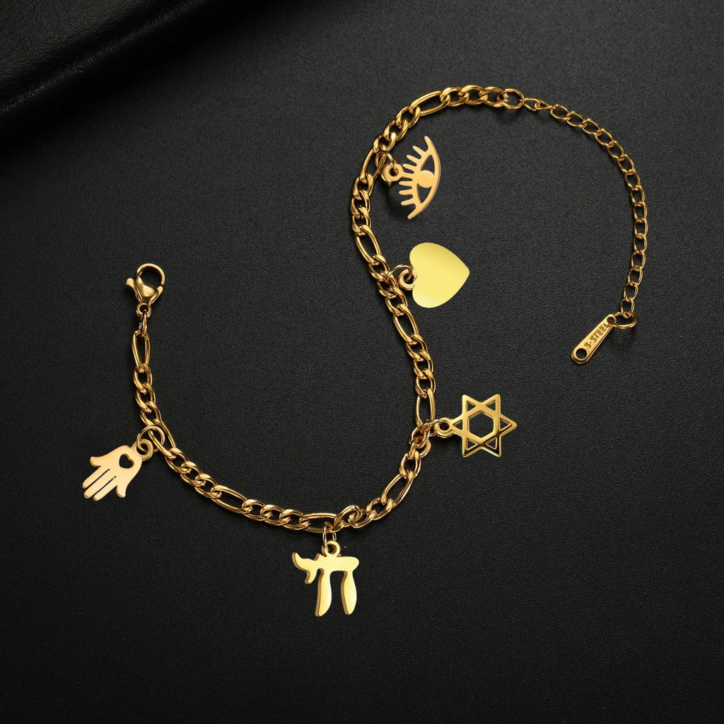Verstellbares Armband mit jüdischen Schutzanhängern aus Gold