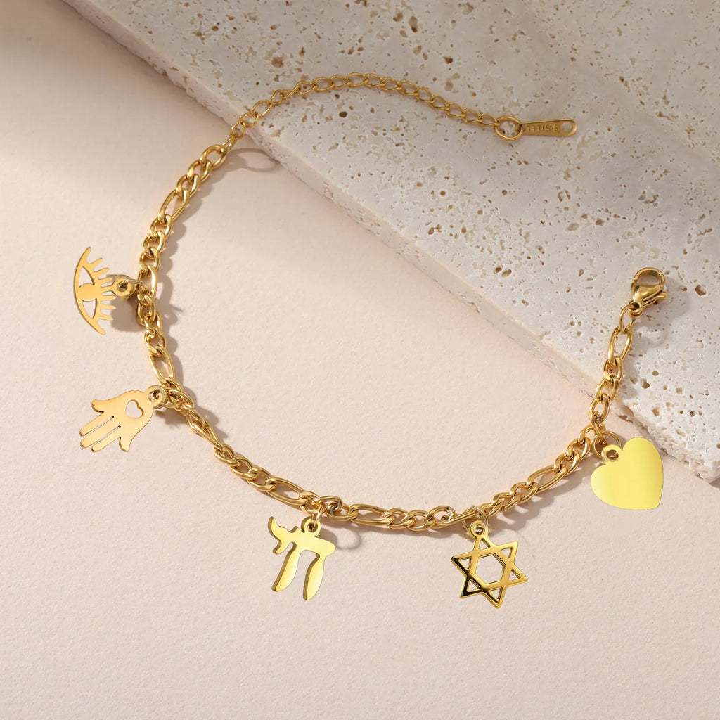 Verstellbares Armband mit jüdischen Schutzanhängern aus Gold