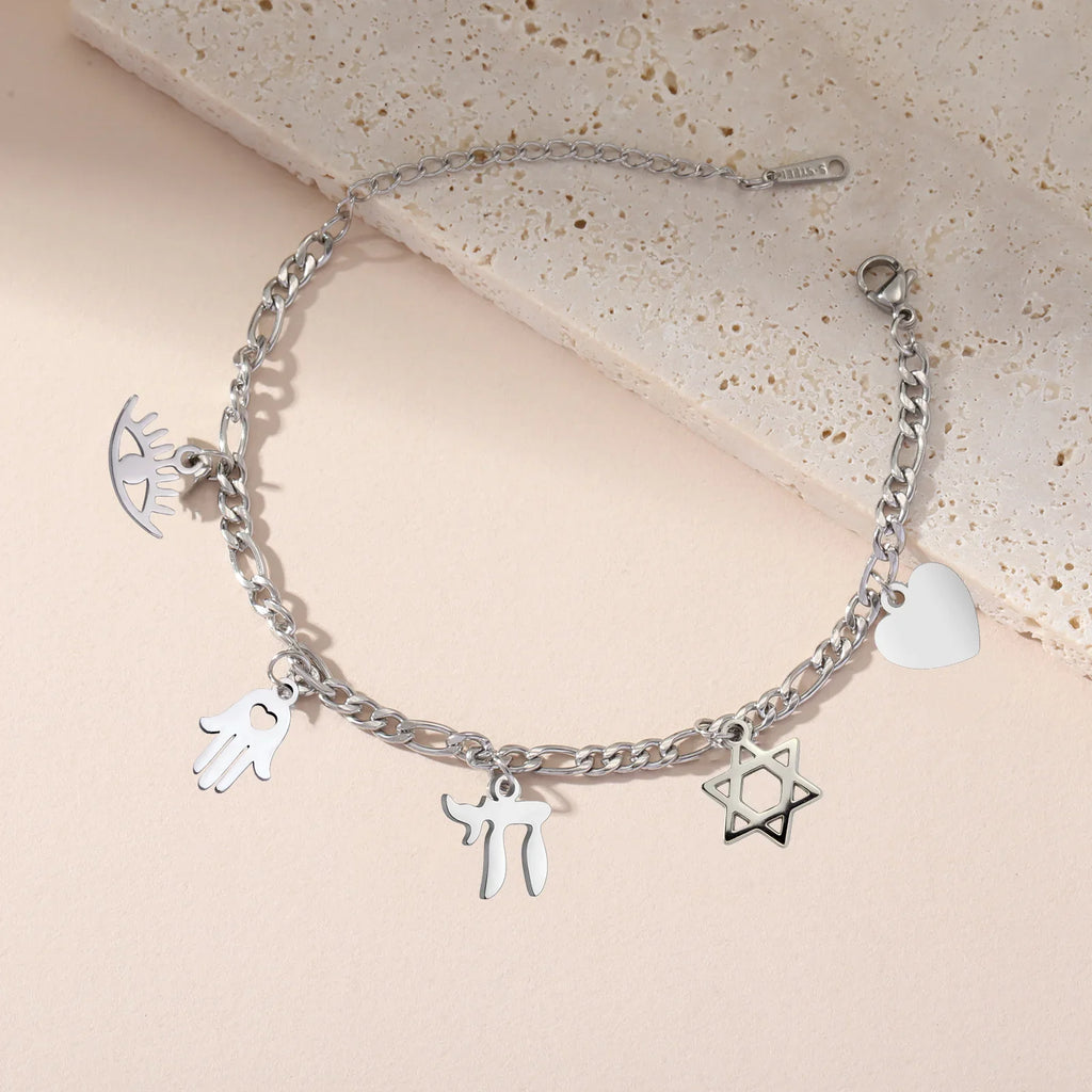 Verstellbares Armband mit jüdischen Schutzanhängern aus Silber