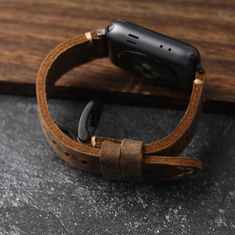 Apple Watch Herrenarmband aus echtem dickem schwarzem Leder
