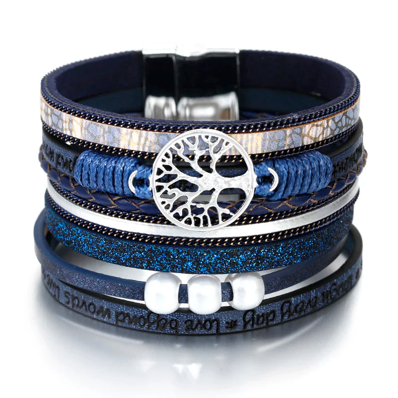 Lebensbaum-Armband mit blauem Lederarmband