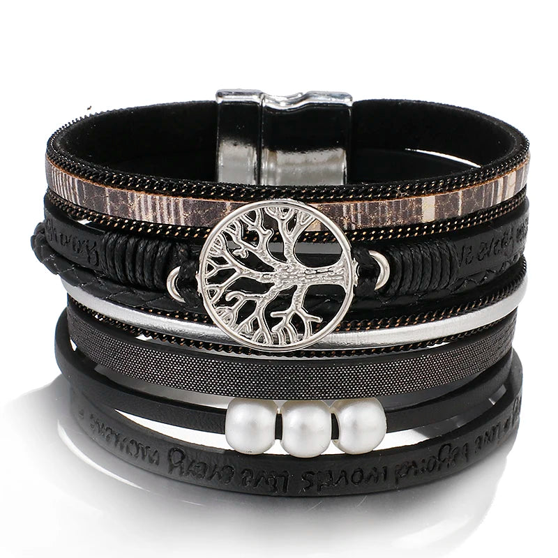 Lebensbaum-Armband mit schwarzem Lederarmband