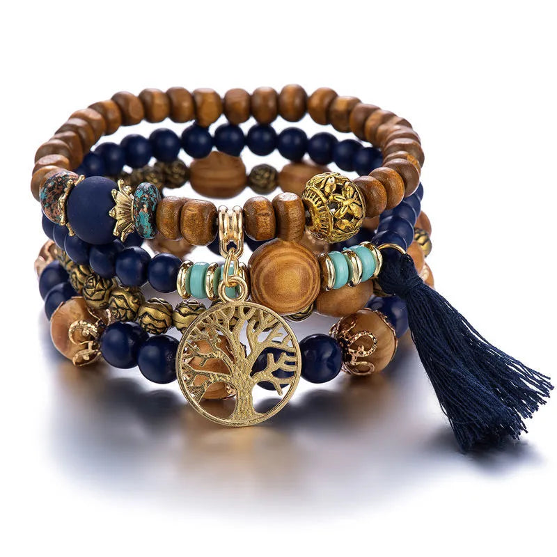 Lebensbaum-Armband Gourmette Damen Blaue Perlen