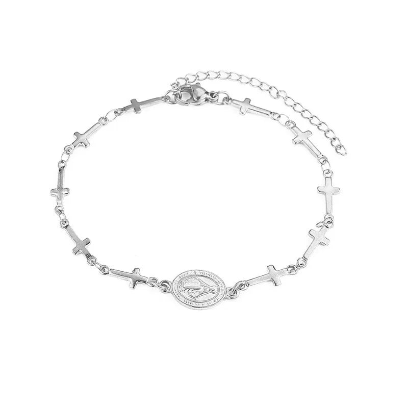 Armband mit Medaille der Jungfrau Maria und Kreuz in Silber