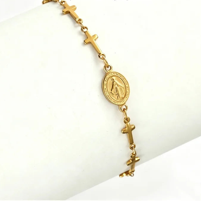 Armband mit Medaille der Jungfrau Maria und Kreuz in Gold