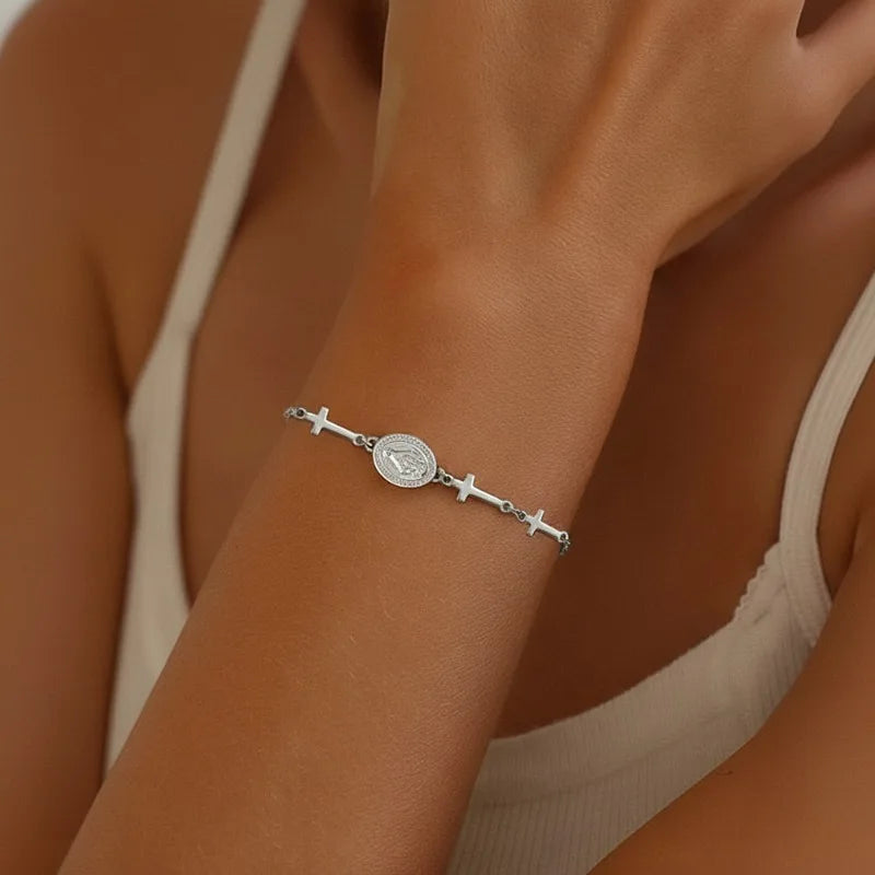 Armband mit Medaille der Jungfrau Maria und Kreuz in Silber