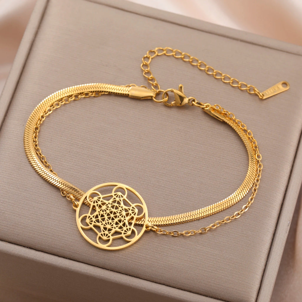 Armband mit Metatron-Würfel-Anhänger gold