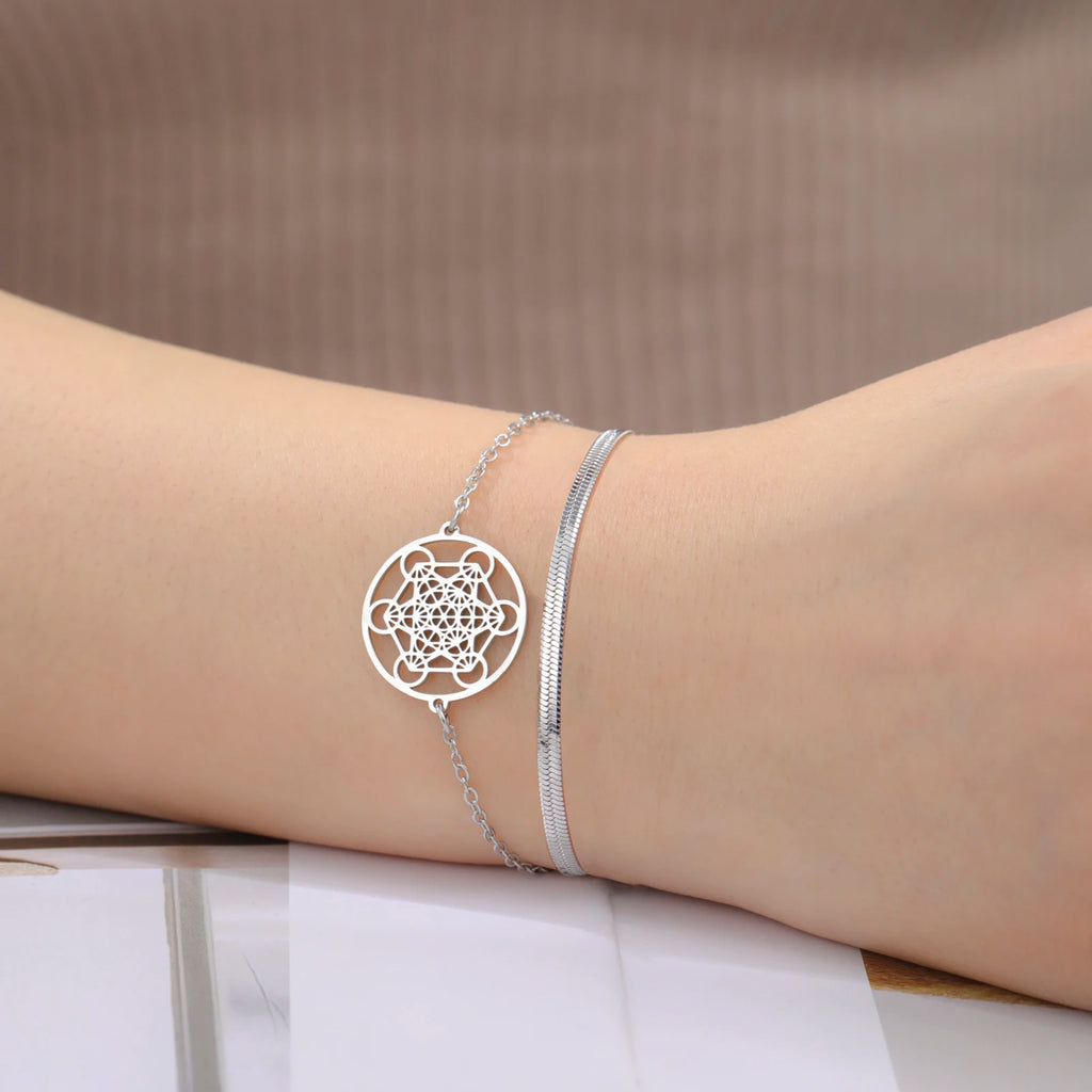 Armband mit Metatron-Würfel-Anhänger silber