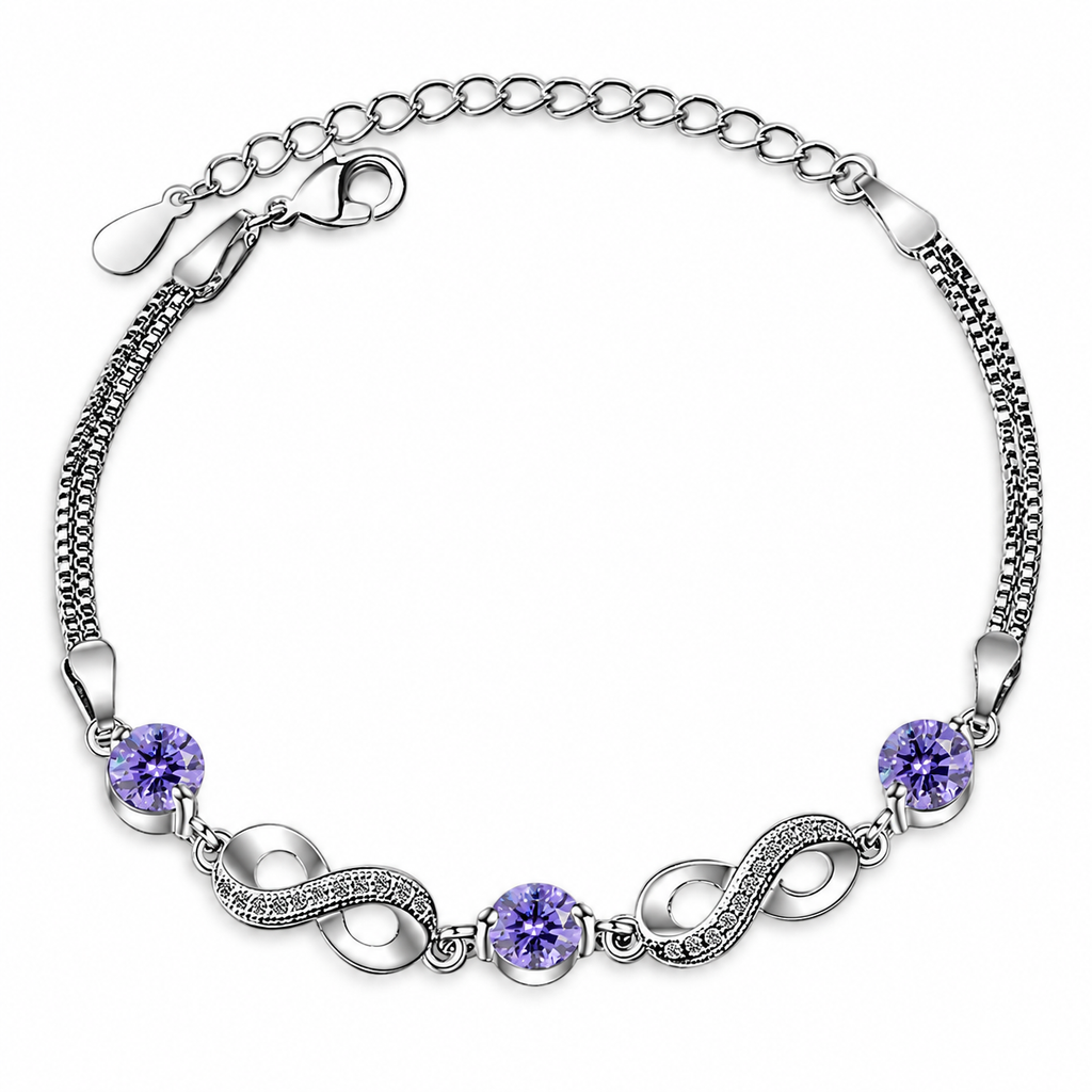 Armband mit violetten Perlen und Unendlichkeitszeichen, verziert mit Kristallen 