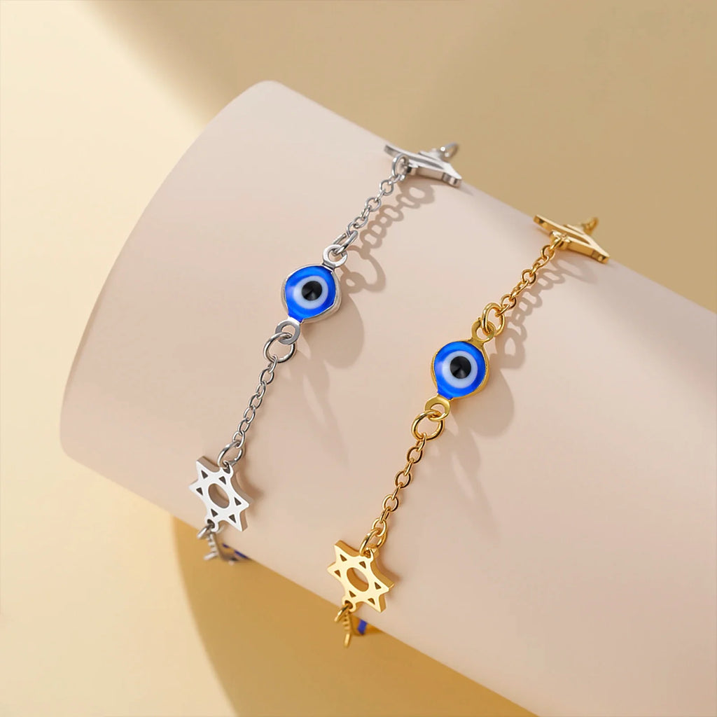 Armband mit Schutzsymbolen blaues Auge, Chai und dem <span data-glossary-id="davidstern">Davidstern</span>