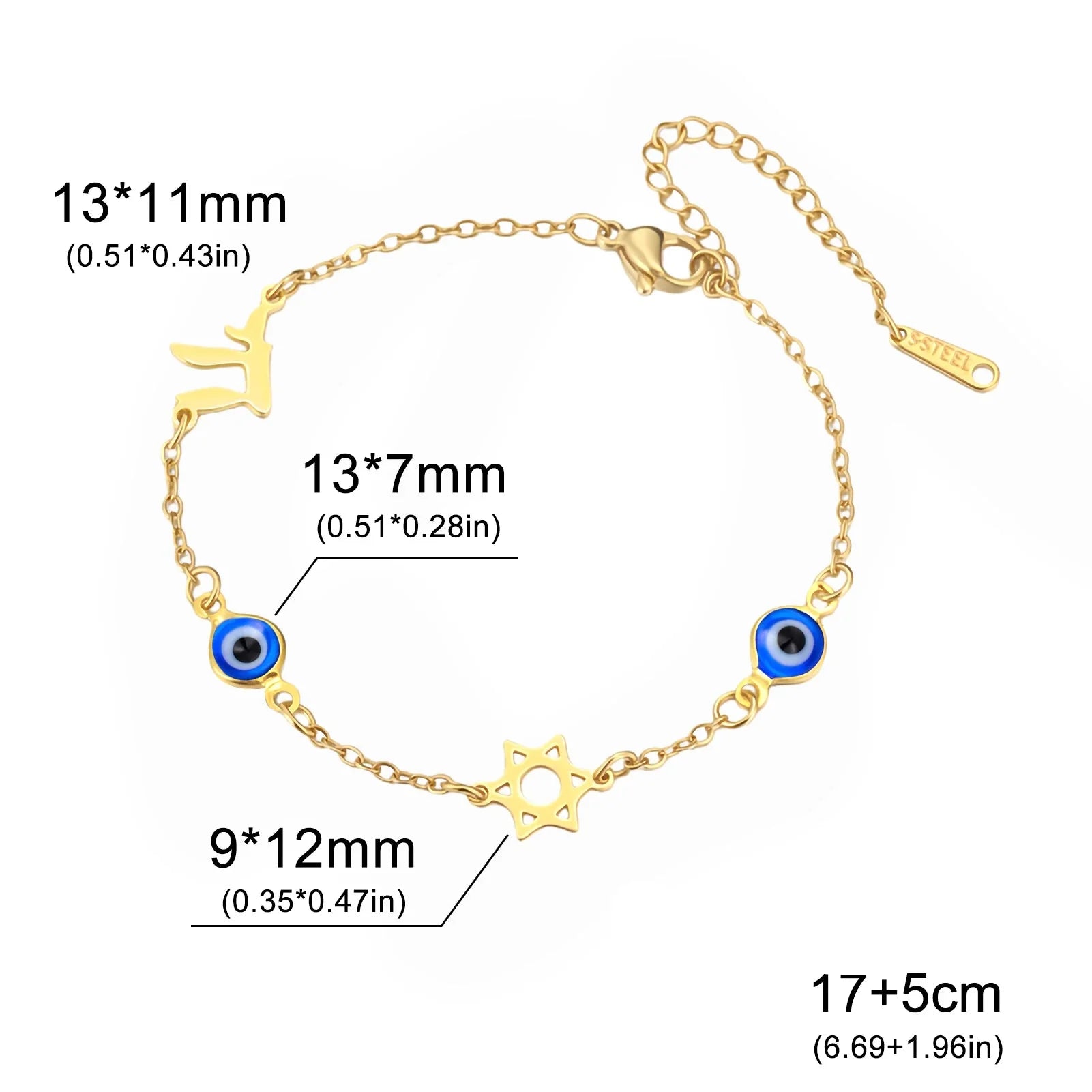 Armband mit Schutzsymbolen blaues Auge, Chai und dem <span data-glossary-id="davidstern">Davidstern</span> Gold