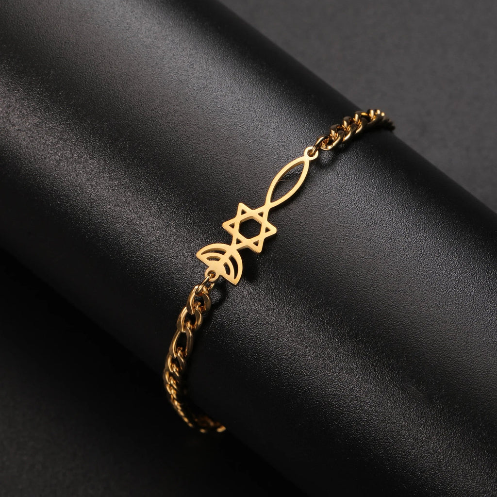 Armband mit jüdischen Symbolen Menora und dem <span data-glossary-id="etoile-de-david">Davidstern</span> in Gold