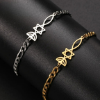 Armband mit jüdischen Symbolen Menora und dem <span data-glossary-id="etoile-de-david">Davidstern</span> in Gold