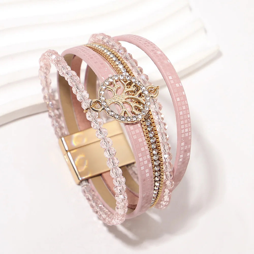 Boho-Mehrreihiges Armband Lebensbaum rosa