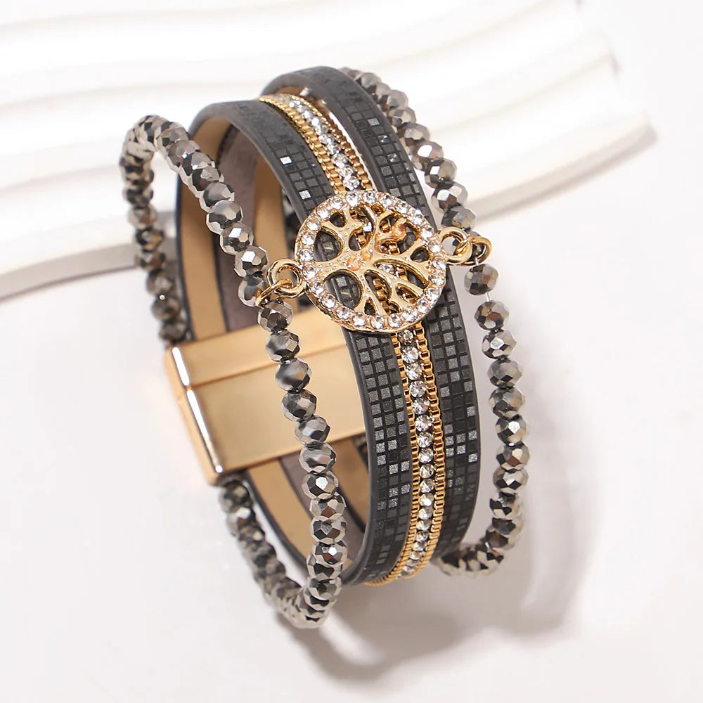 Boho-Mehrreihiges Armband Lebensbaum dunkelgrau