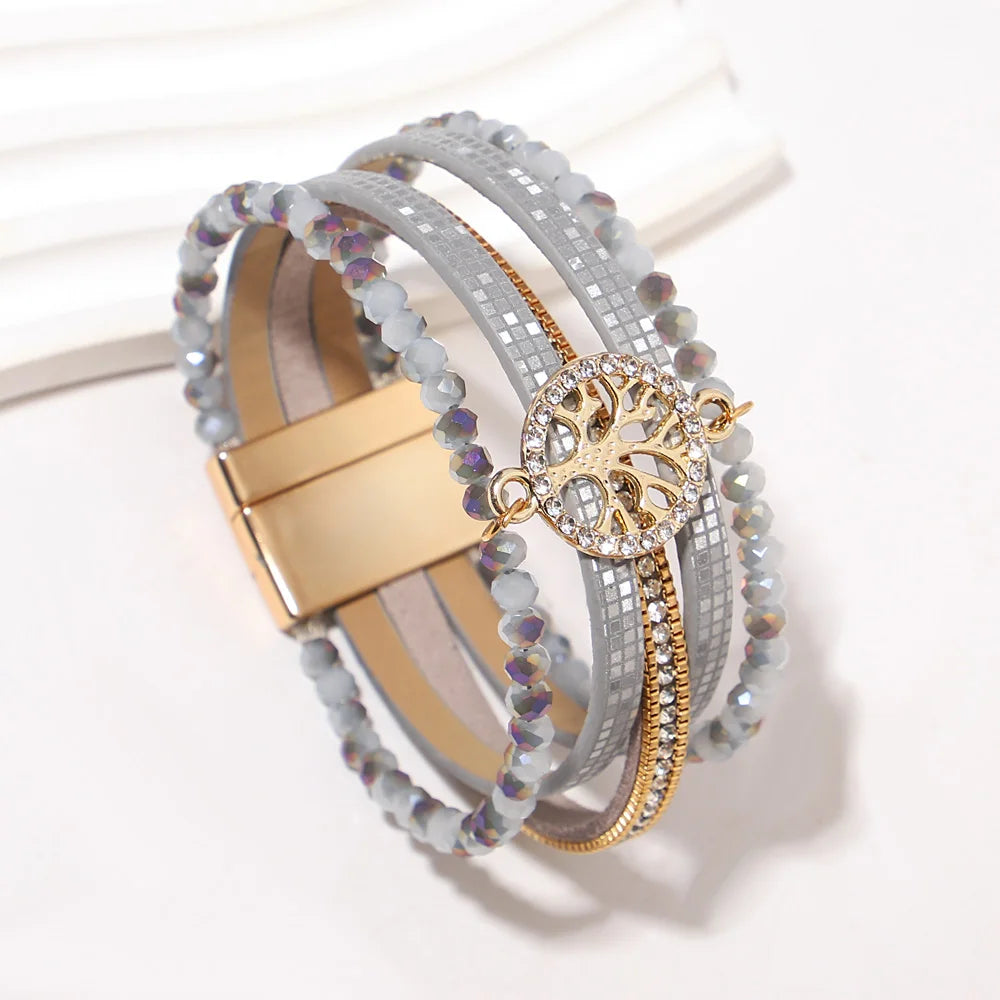 Boho-Mehrreihiges Armband Lebensbaum hellgrau
