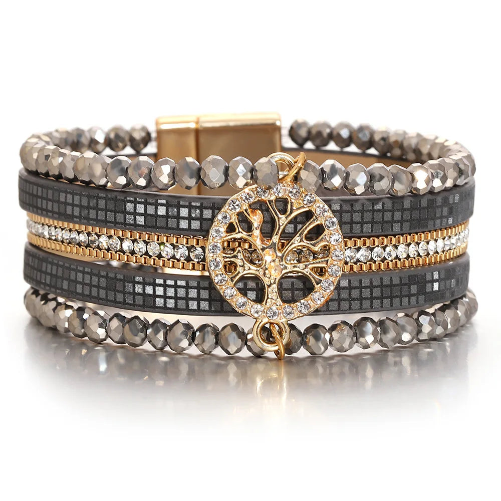 Boho-Mehrreihiges Armband Lebensbaum dunkelgrau
