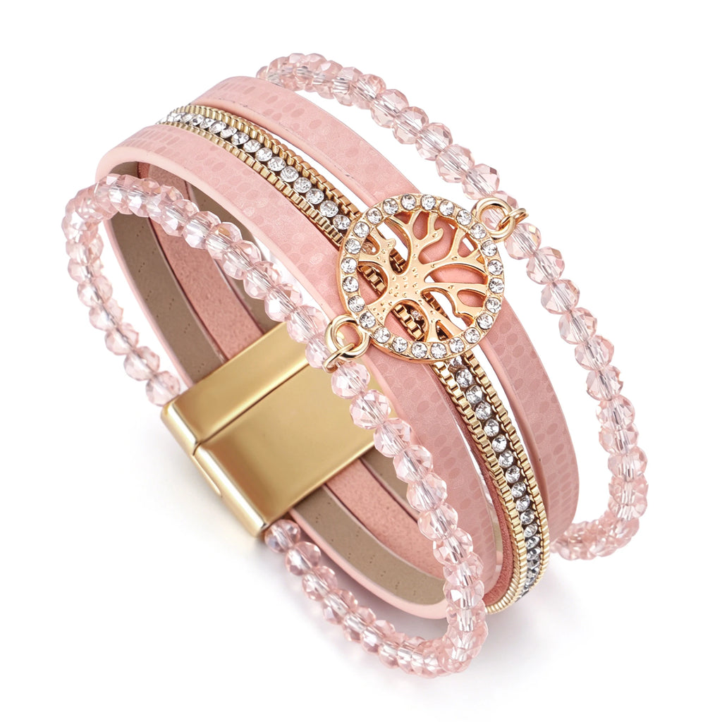 Boho-Mehrreihiges Armband Lebensbaum rosa